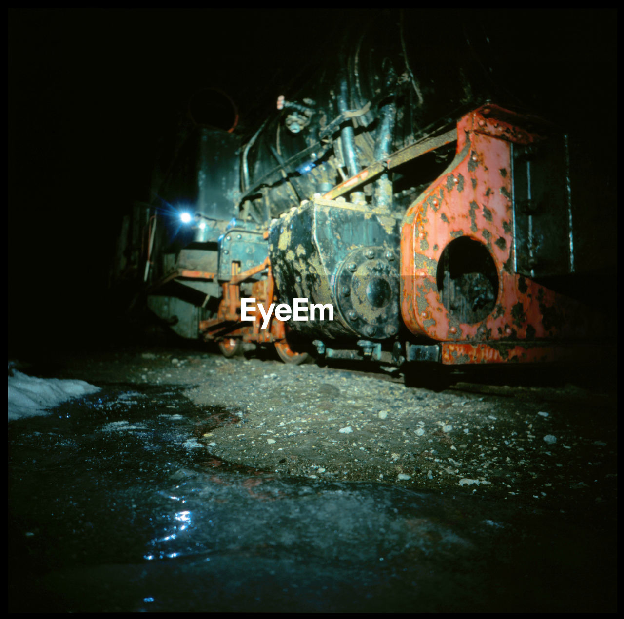 Abandoned train at night