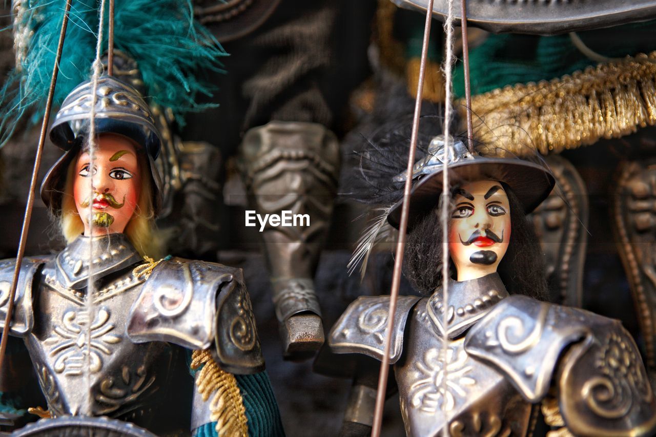 Traditional sicilian puppets used pupi for theatrical performance of marionettes, italy