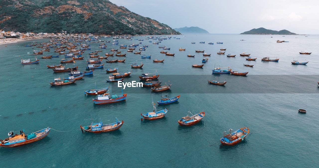 High angle view of boats in sea