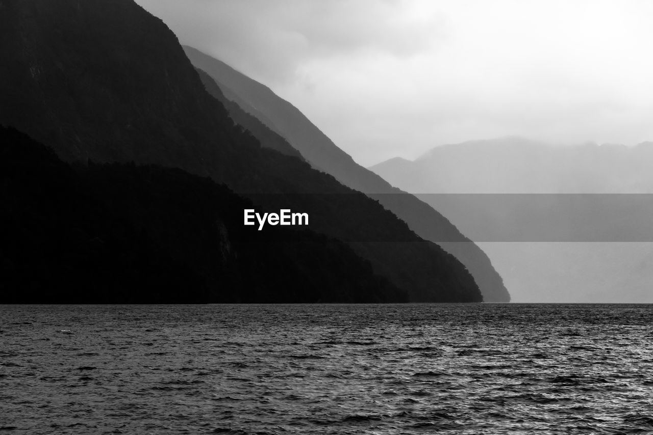 Scenic view of sea and mountains against sky