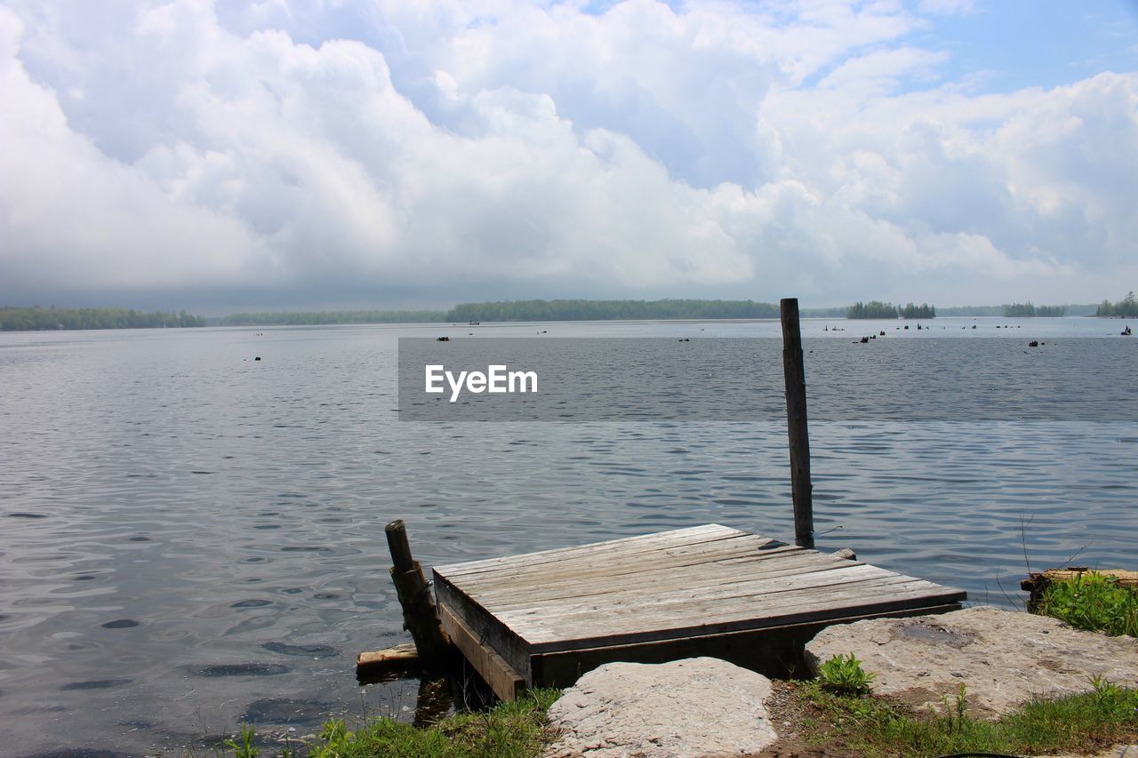 PIER AMIDST LAKE AGAINST SKY