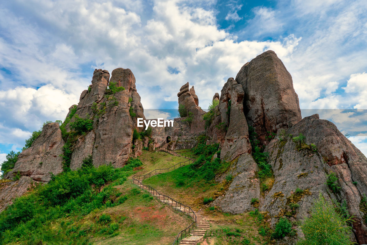 Low angle view of rock formations against sky