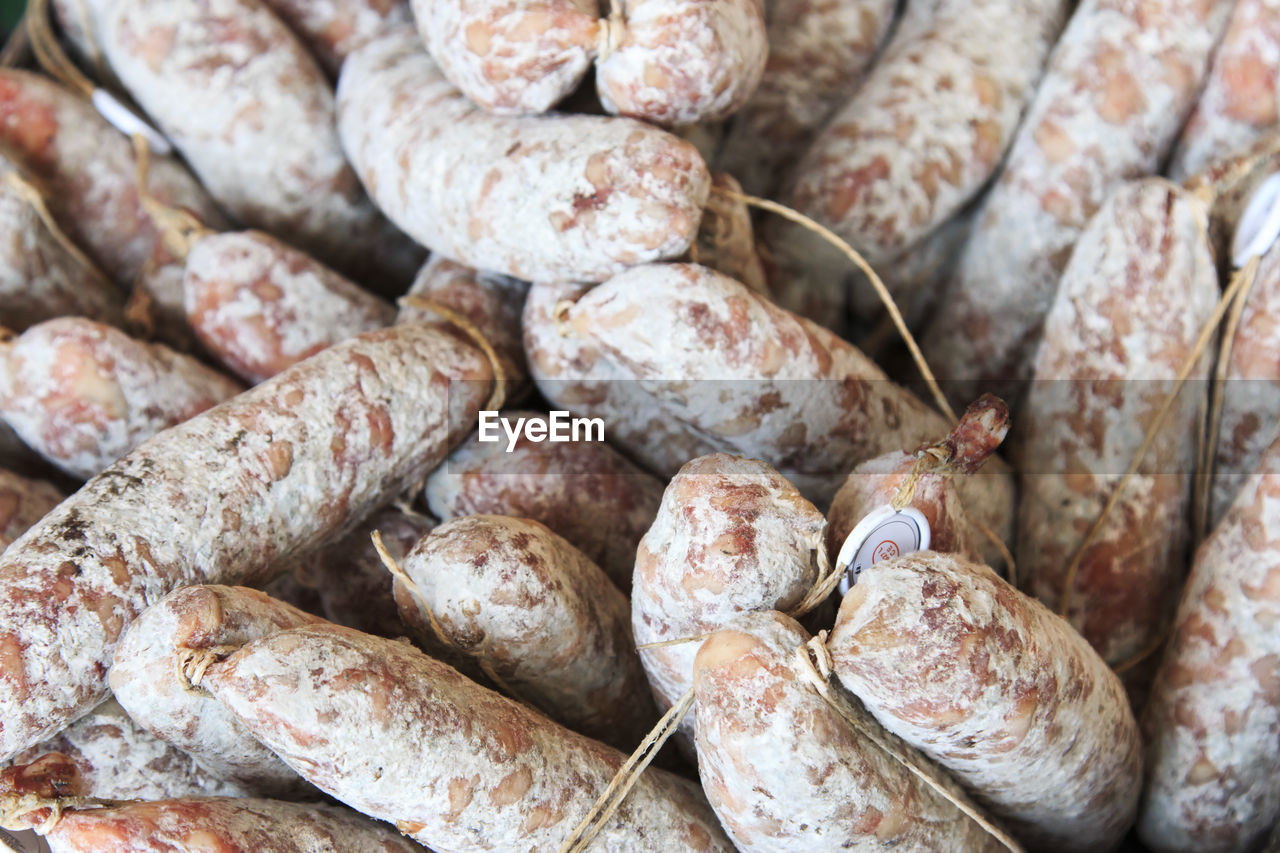 Full frame shot of salami at market for sale