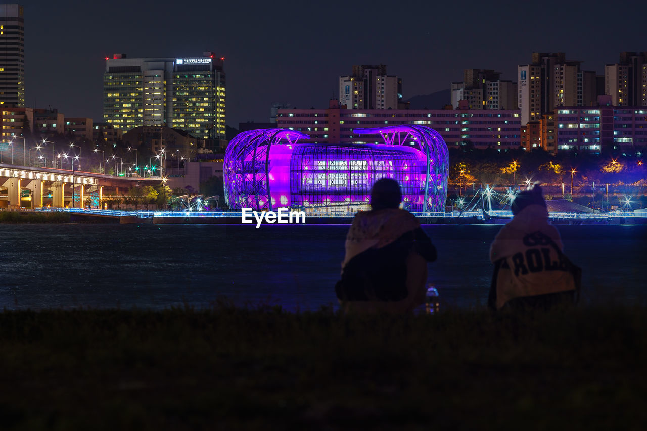 Rear view of people sitting on field by river against illuminated cityscape at night