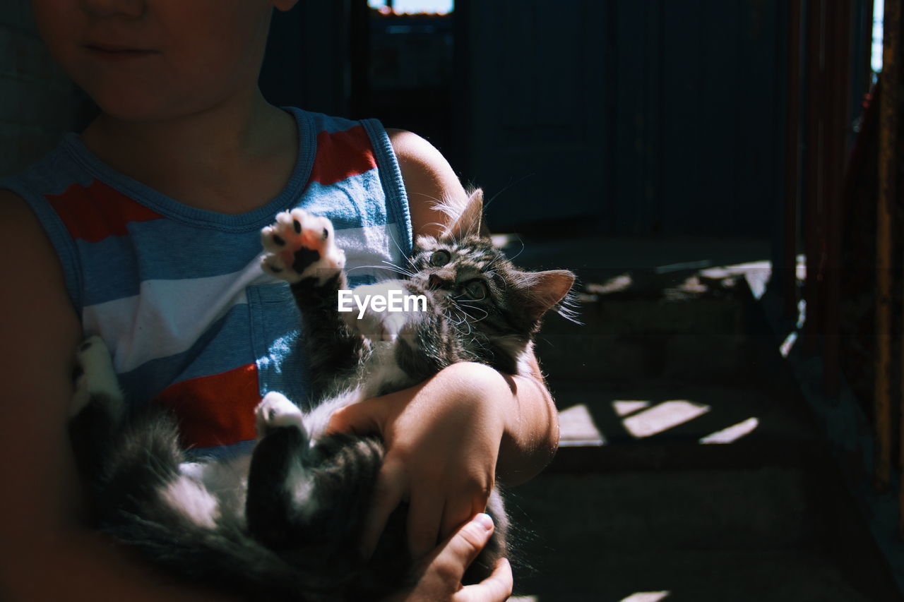 Midsection of boy carrying cat while standing at home