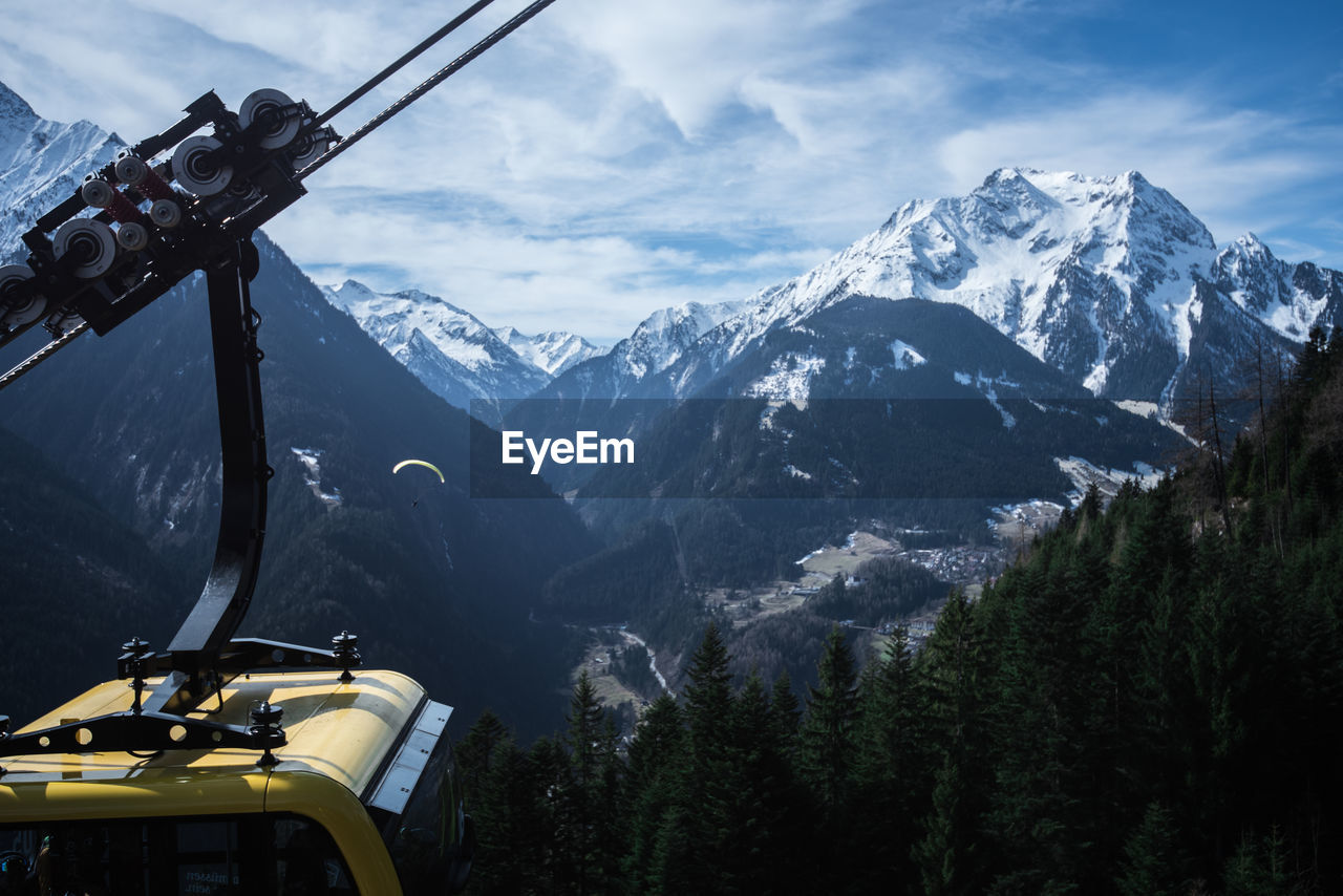 Scenic view of mountains against sky from cable cabin