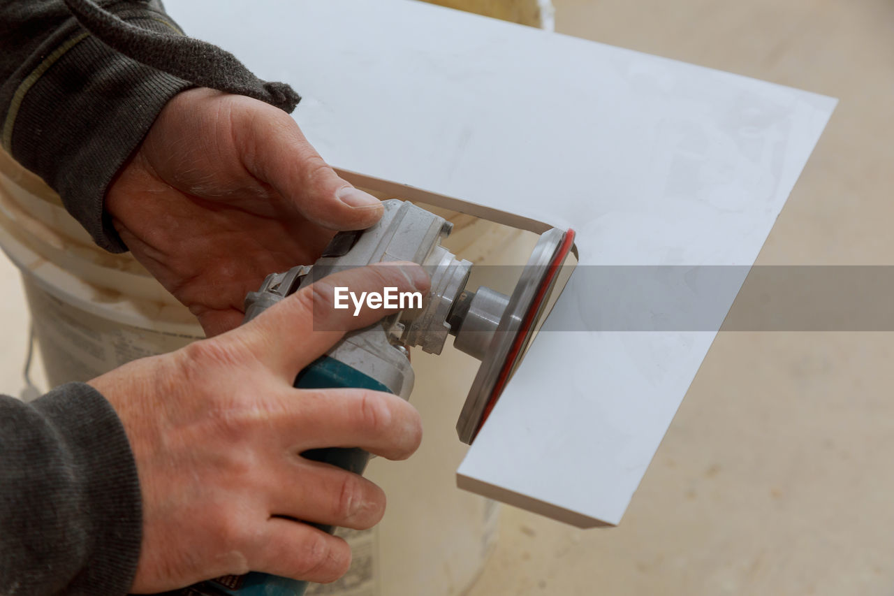 High angle view of man working at table