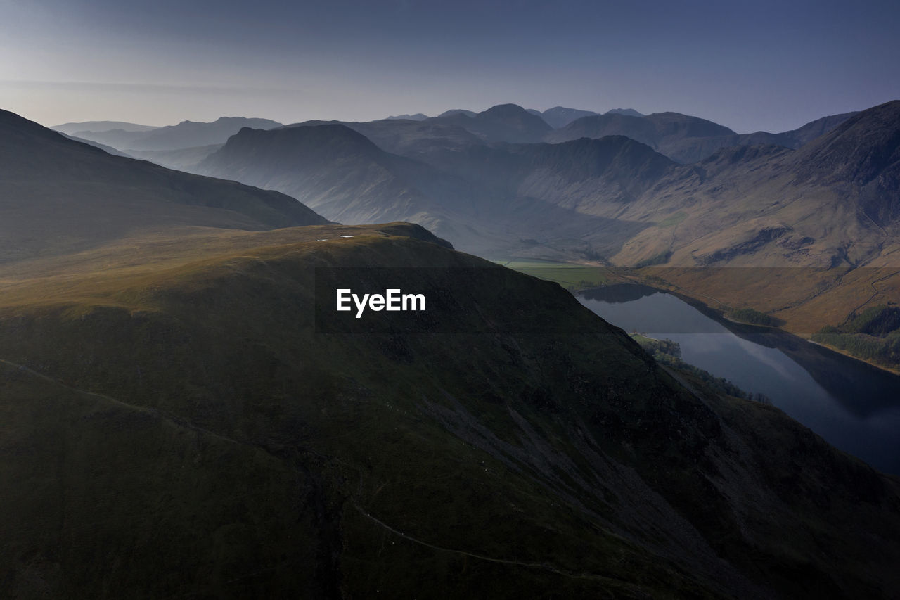 Drone view over high snockrigg fell of buttermere