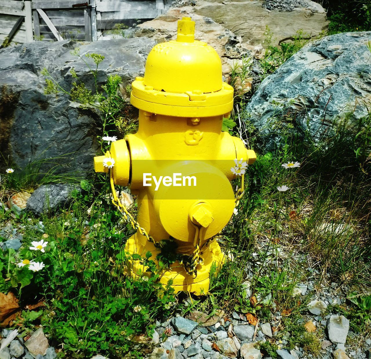 HIGH ANGLE VIEW OF FIRE HYDRANT BY ROCKS