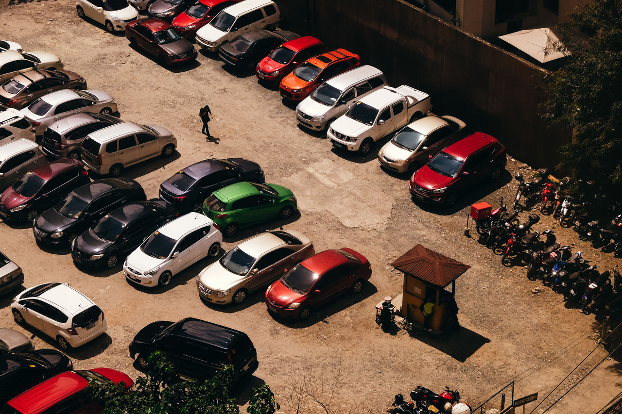 High angle view of cars parked on street