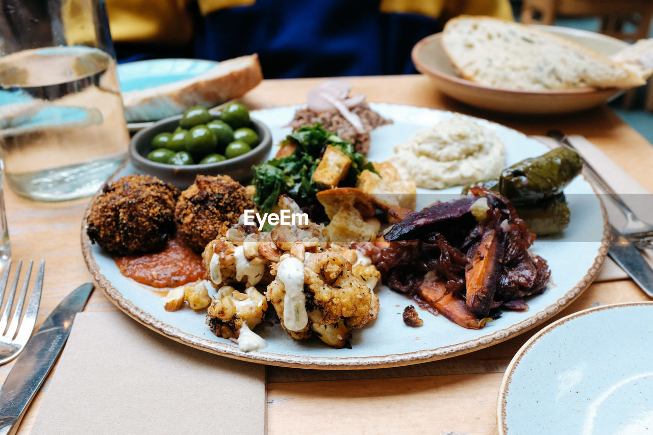 Close-up of food served on table