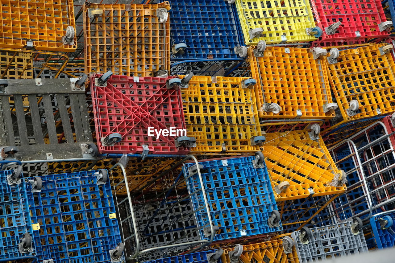 High angle view of colorful crates