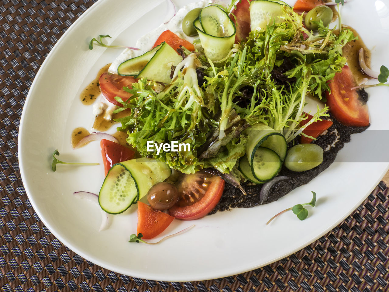 High angle view of salad served in plate on table