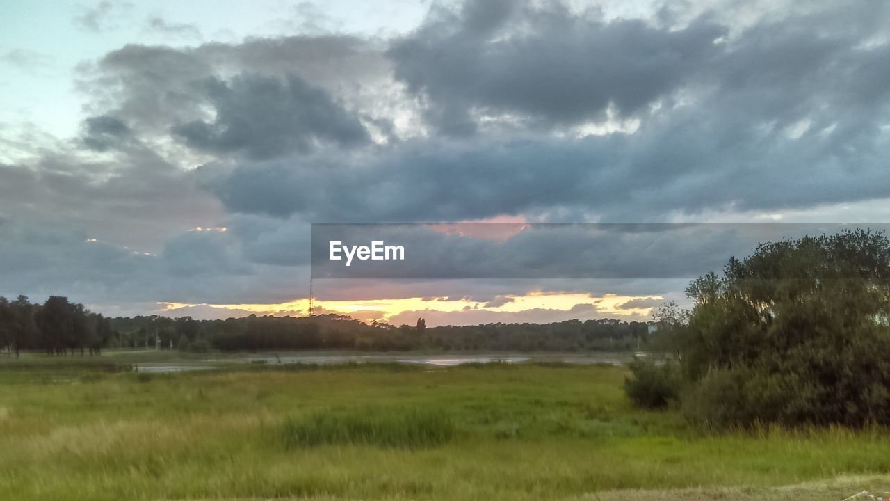 SCENIC VIEW OF FIELD AGAINST STORM CLOUDS