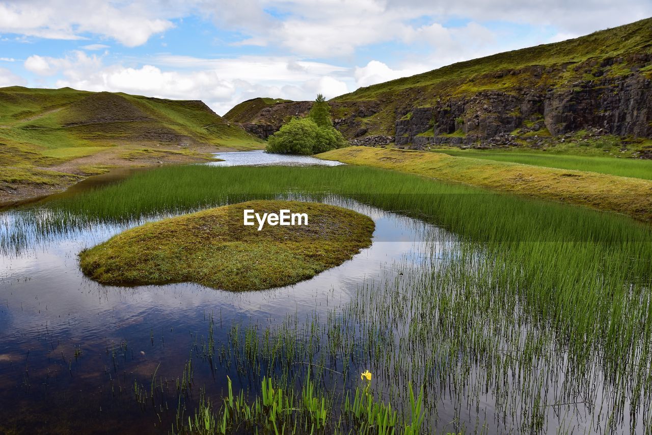 SCENIC VIEW OF GREEN LANDSCAPE WITH REFLECTION AGAINST SKY