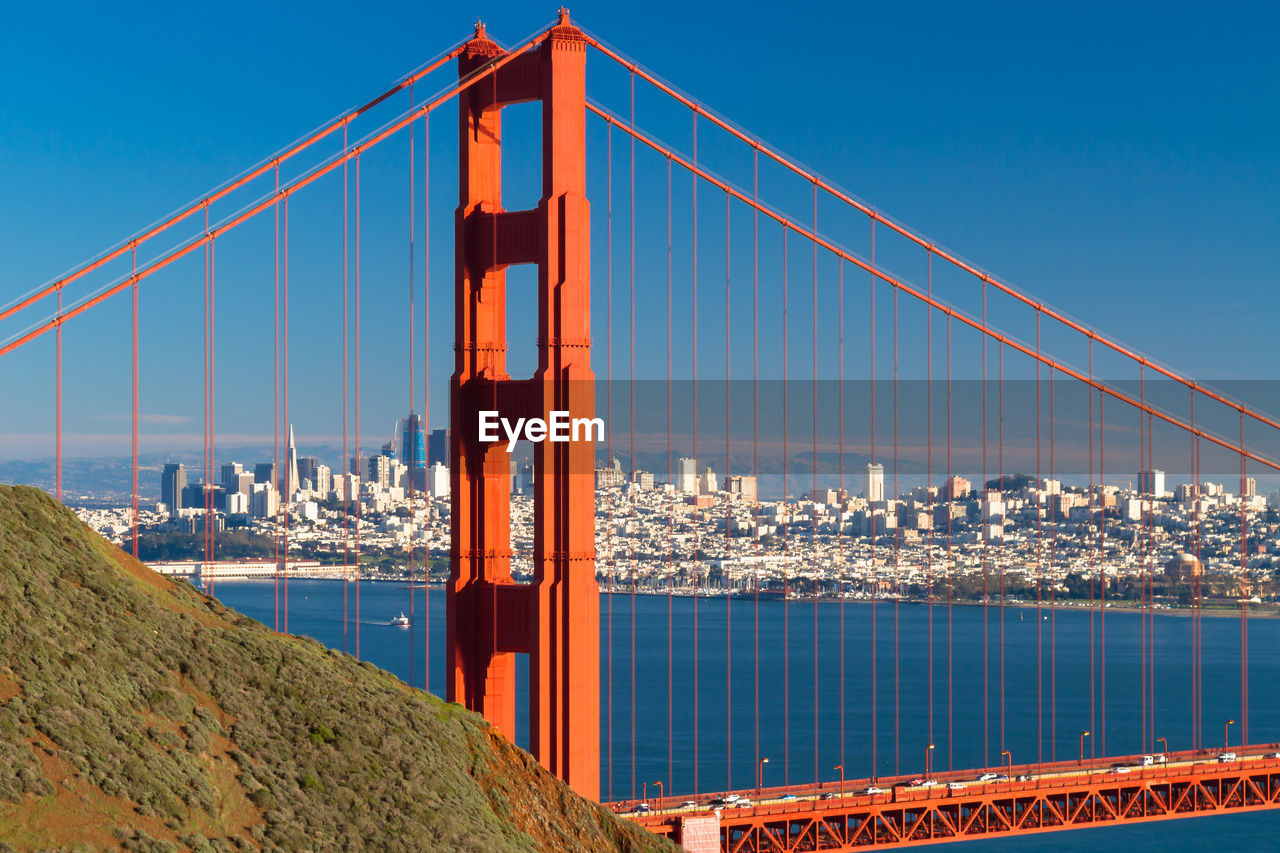 Golden gate bridge over bay against sky