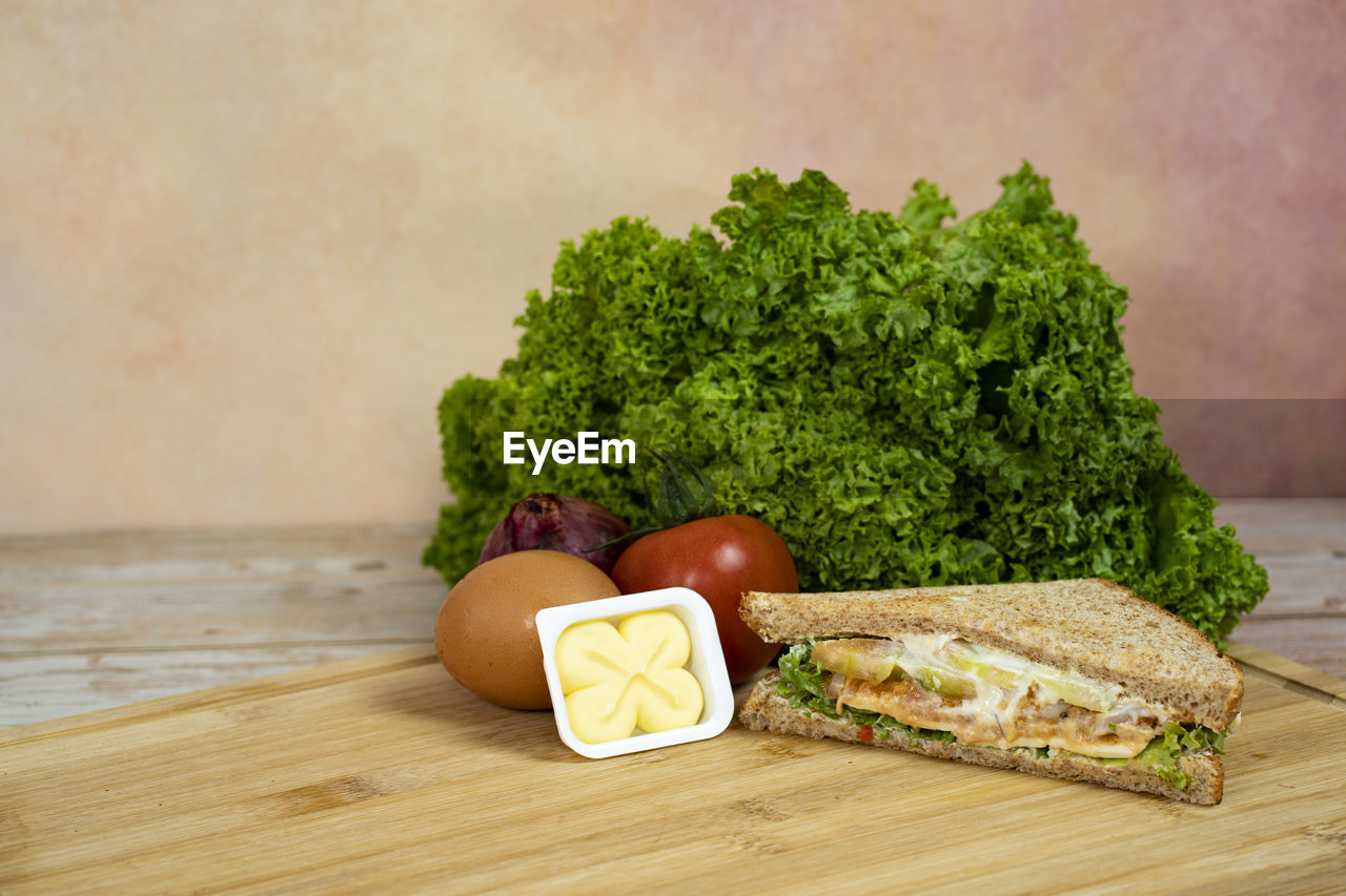 Tuna sandwich for a healthy breakfast. blurred background