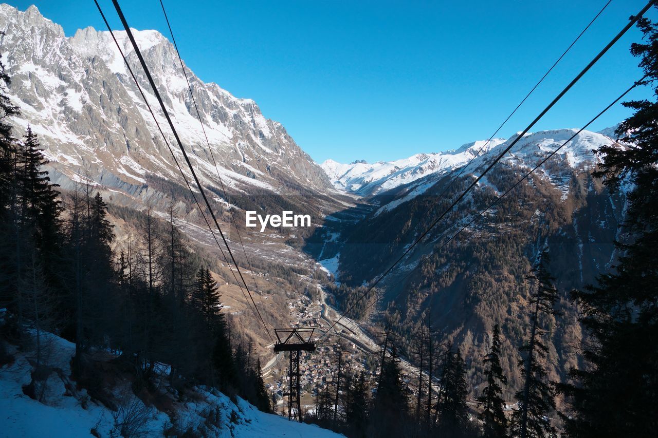 Scenic view of snowcapped mountains against clear sky