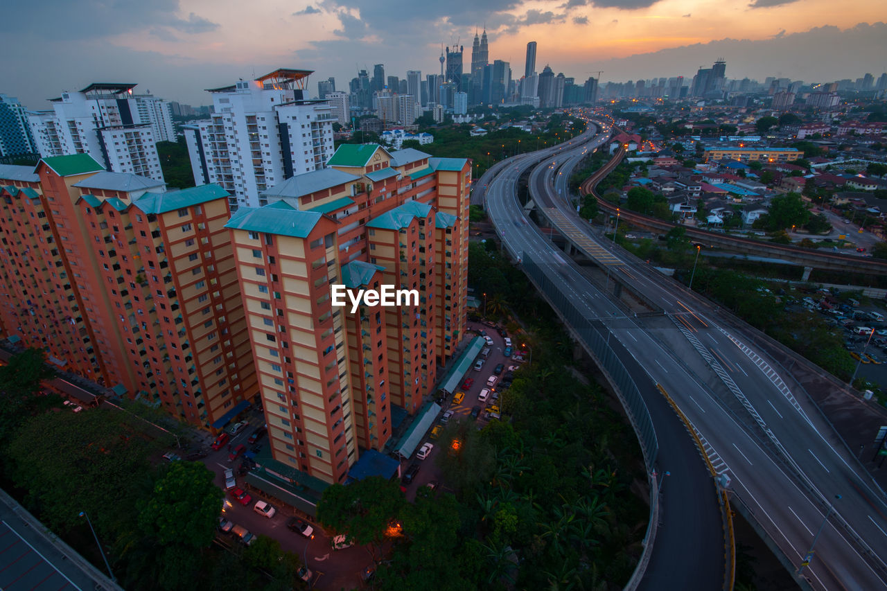 High angle view of traffic on road at night