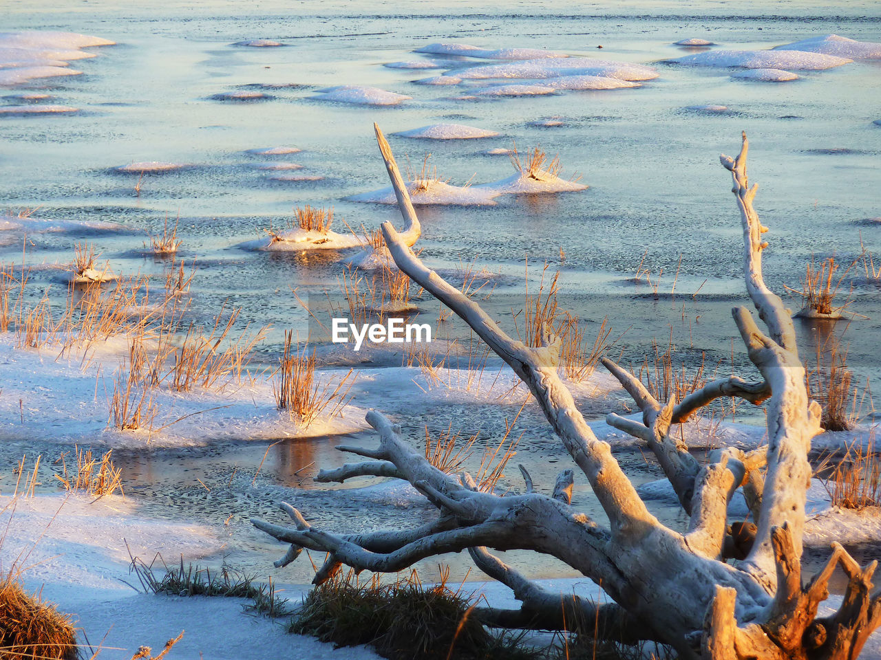 High angle view of frozen lake