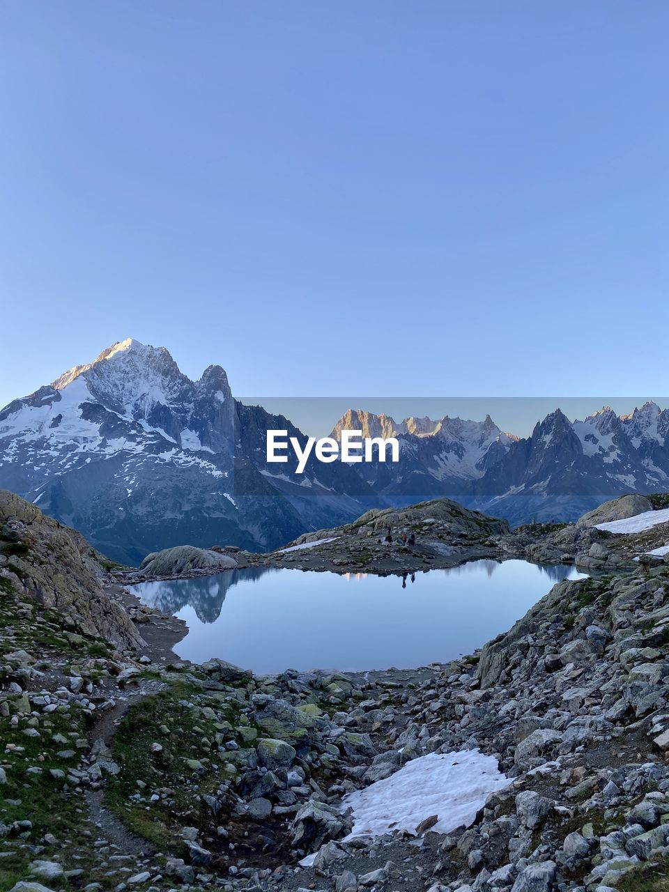 Scenic view of snowcapped mountains against clear sky