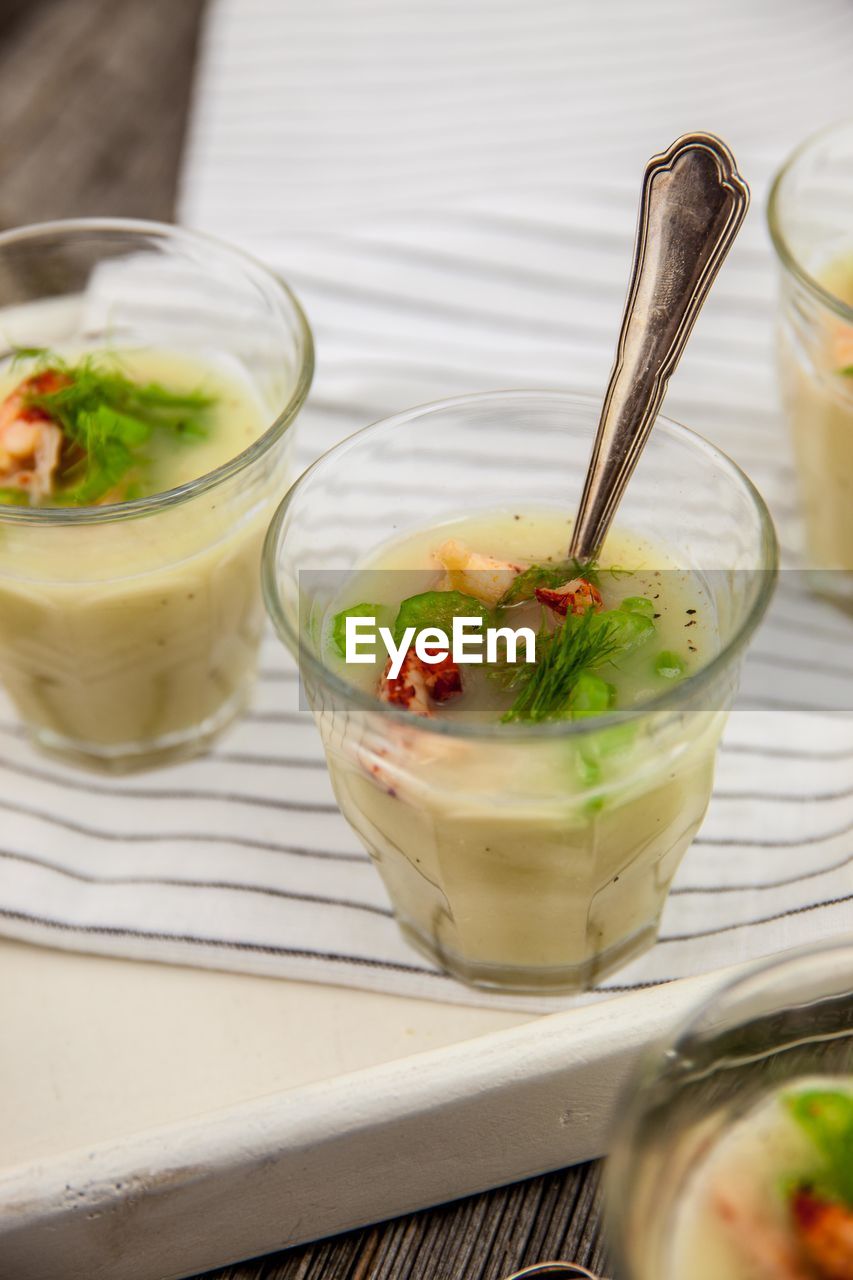 HIGH ANGLE VIEW OF FOOD IN GLASS