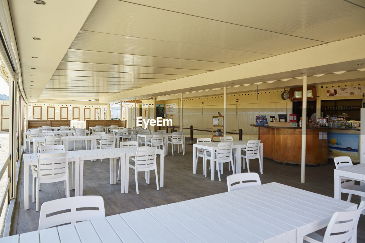 EMPTY CHAIRS AND TABLES AT RESTAURANT