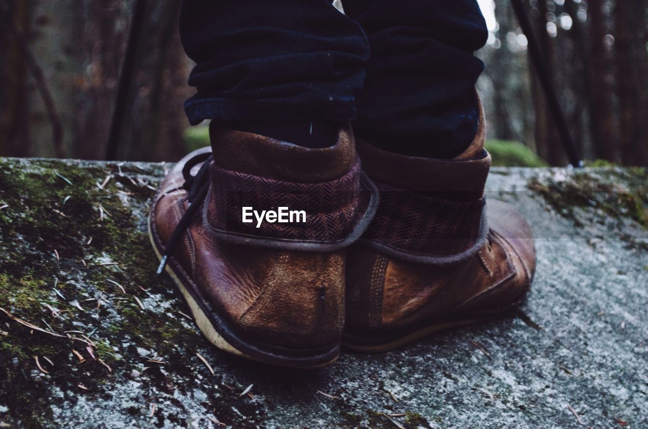 Low section of person wearing shoes standing on rock at forest