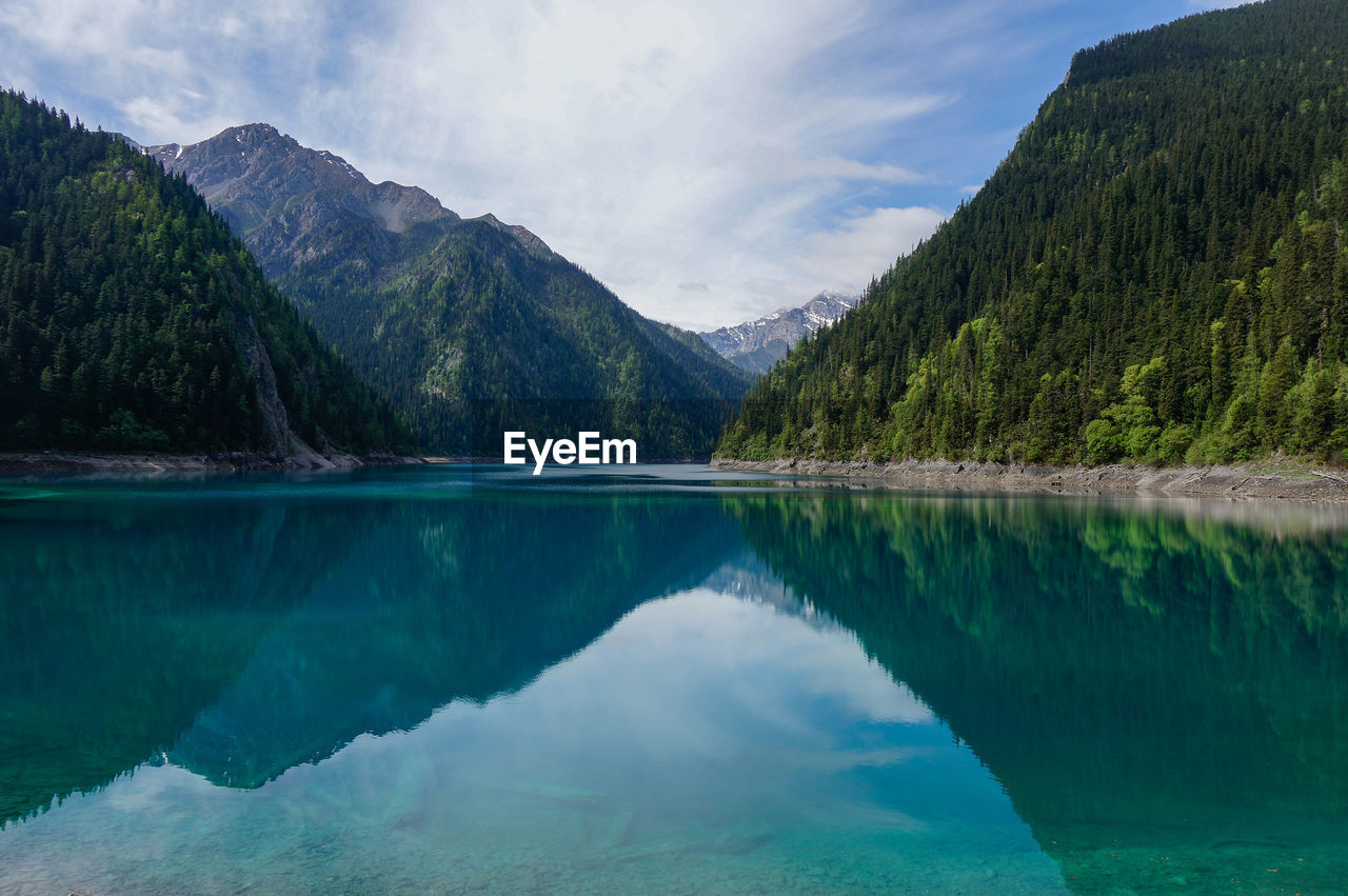 Scenic view of lake and mountains against sky