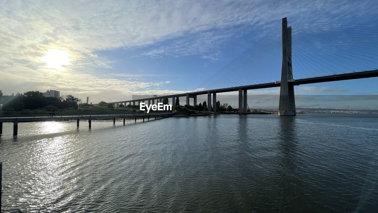 VIEW OF SUSPENSION BRIDGE OVER RIVER