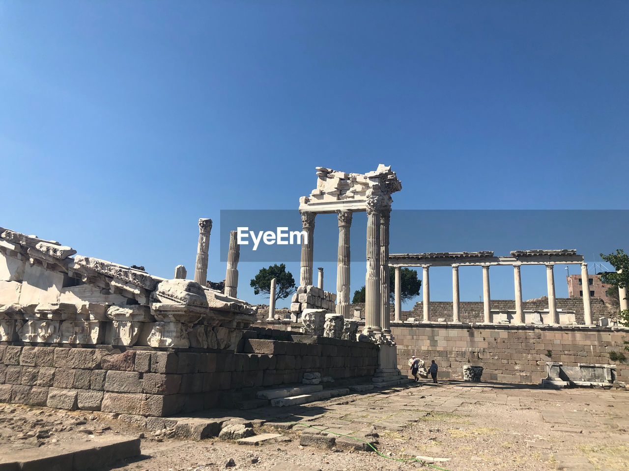 Low angle view of historical helenic building in pergamon/turkey/bergama against clear blue sky 