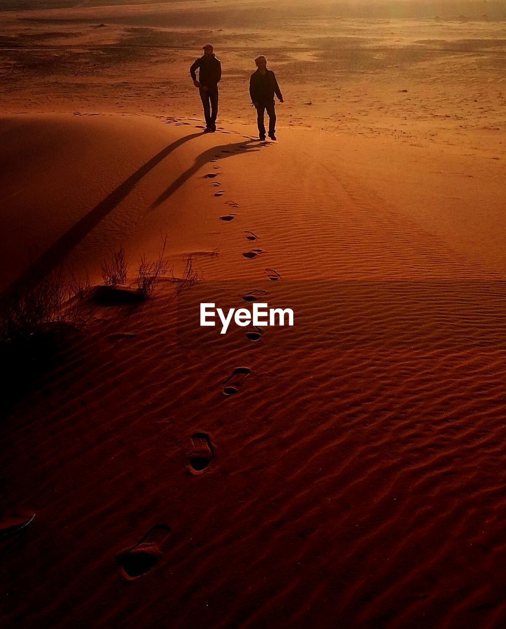 Men walking on sand dune during sunset at wadi rum