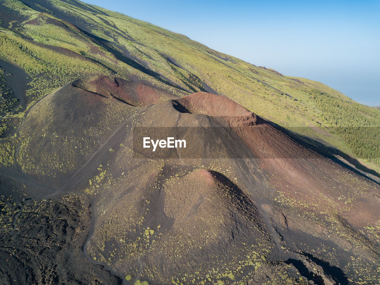 Aerial view of the silvester craters on the volcano etna, volcanic landscape