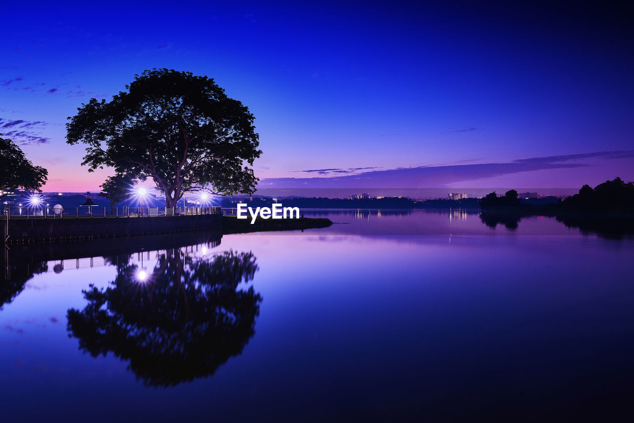 Silhouette trees by lake against sky at night