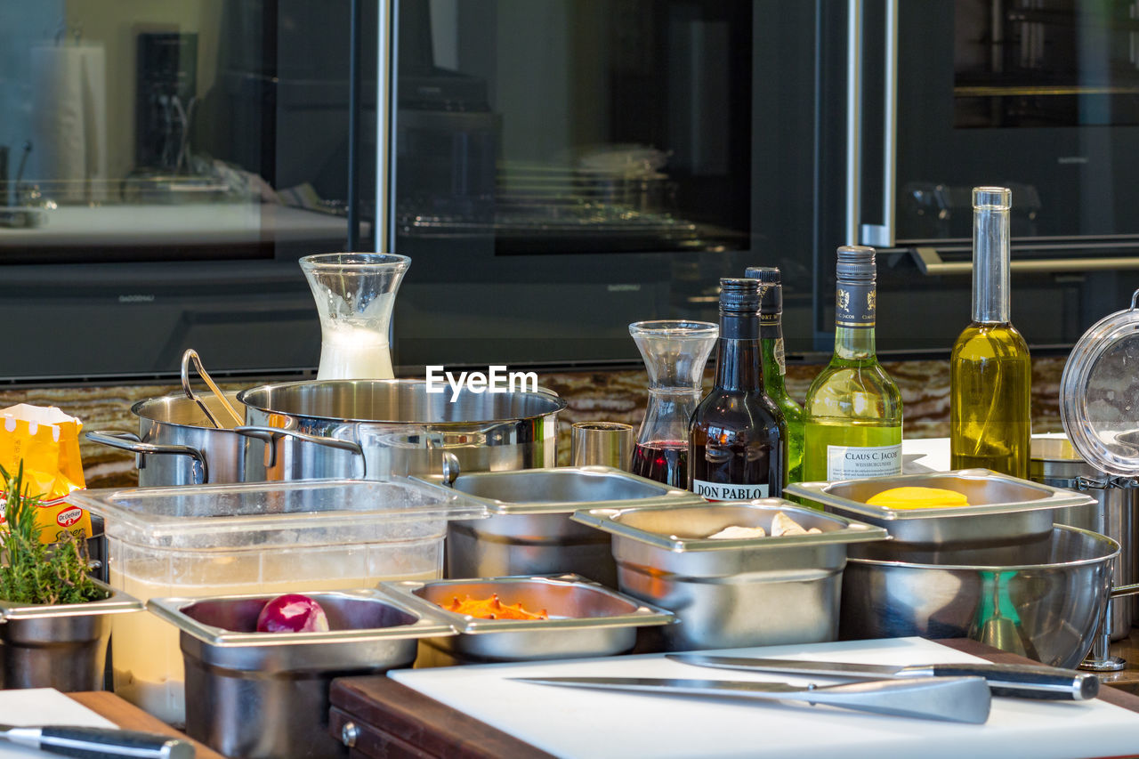 Various food and drink on kitchen