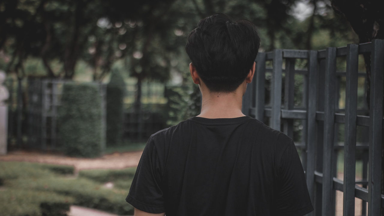 Rear view of man standing against trees