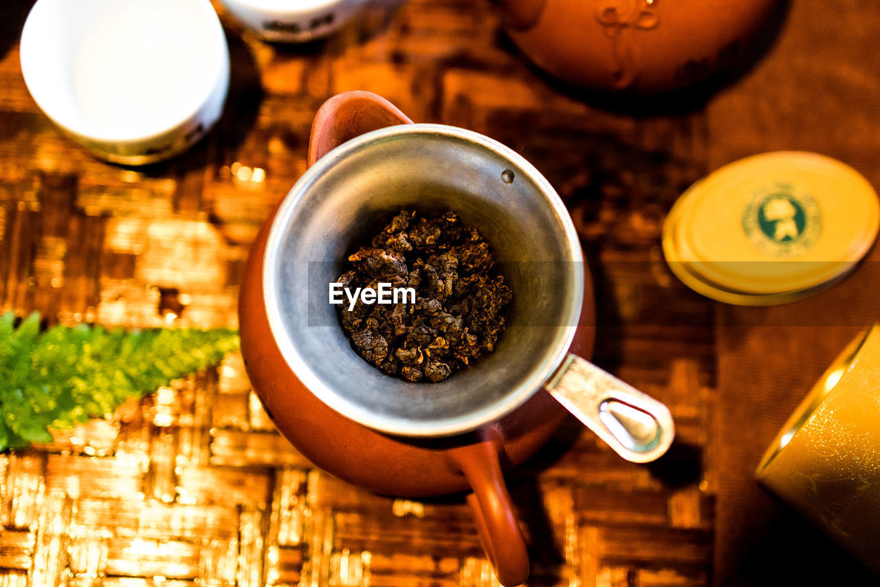 High angle view of tea served on table