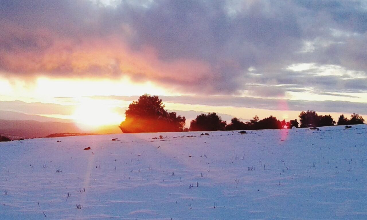 SNOW COVERED LANDSCAPE AGAINST CLOUDY SKY