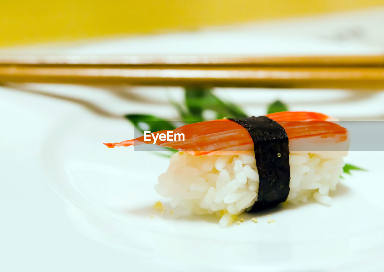 CLOSE-UP OF SUSHI SERVED ON PLATE