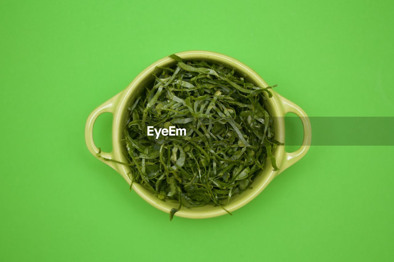 Directly above view of herb in bowl against green background