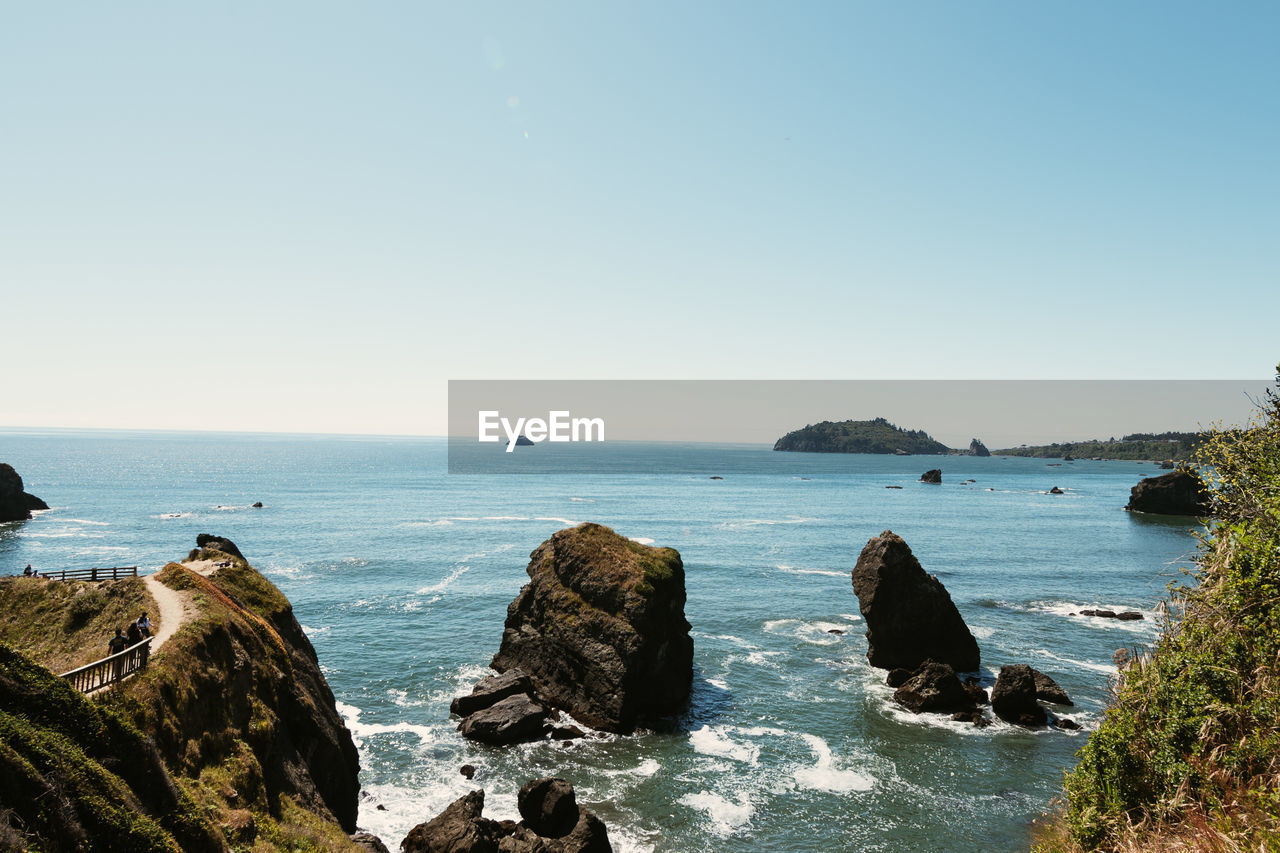 SCENIC VIEW OF ROCKS IN SEA AGAINST CLEAR SKY