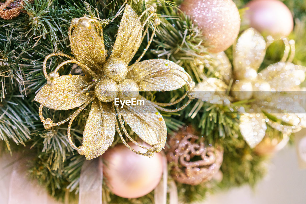 Beautiful christmas tree with decor as background. christmas lights decorated