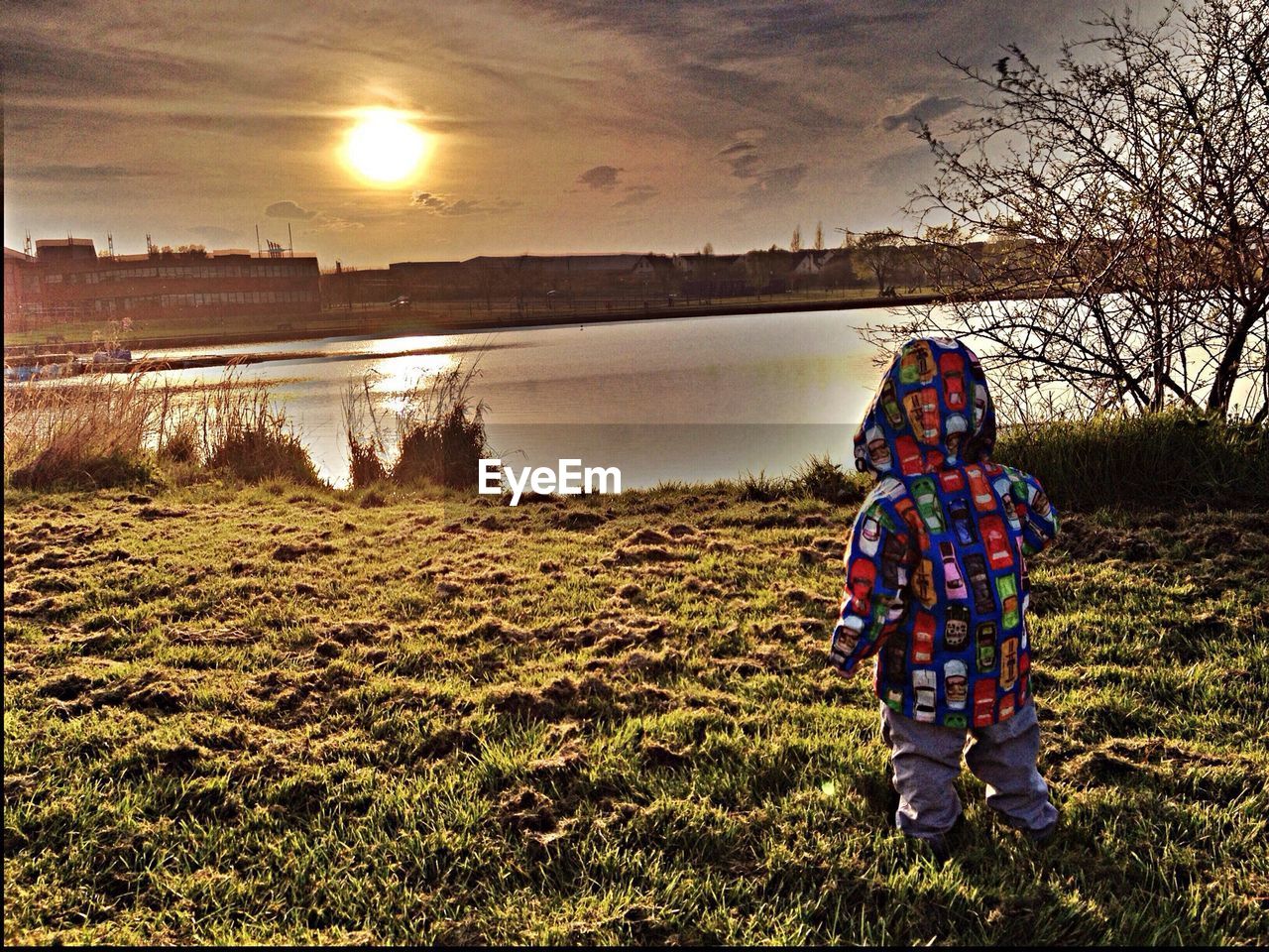 Boy overlooking countryside lake