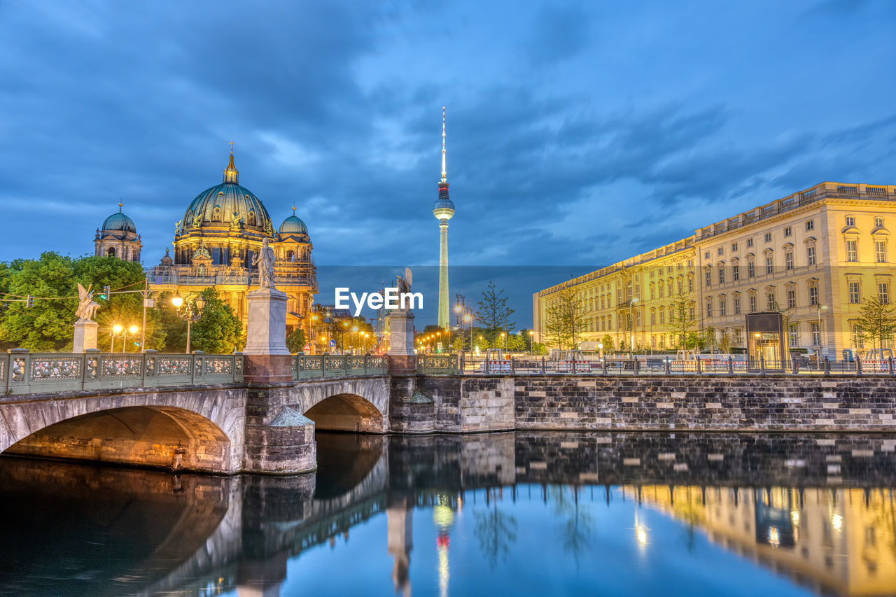 The berlin cathedral, the famous tv tower and a part of the rebuilt city palace at night