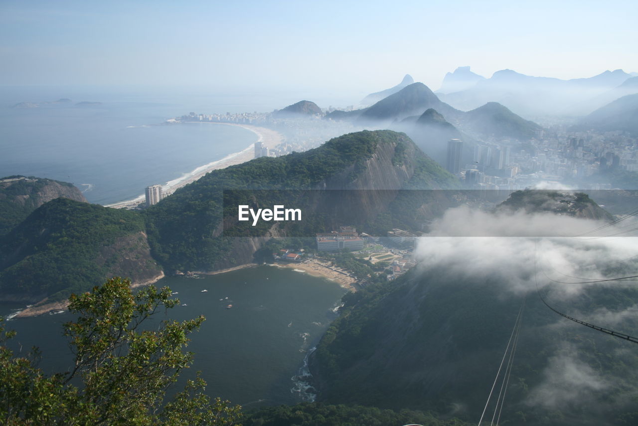 Aerial view of sea and mountains against sky