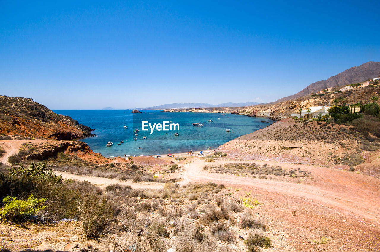 PANORAMIC VIEW OF BEACH AGAINST CLEAR BLUE SKY