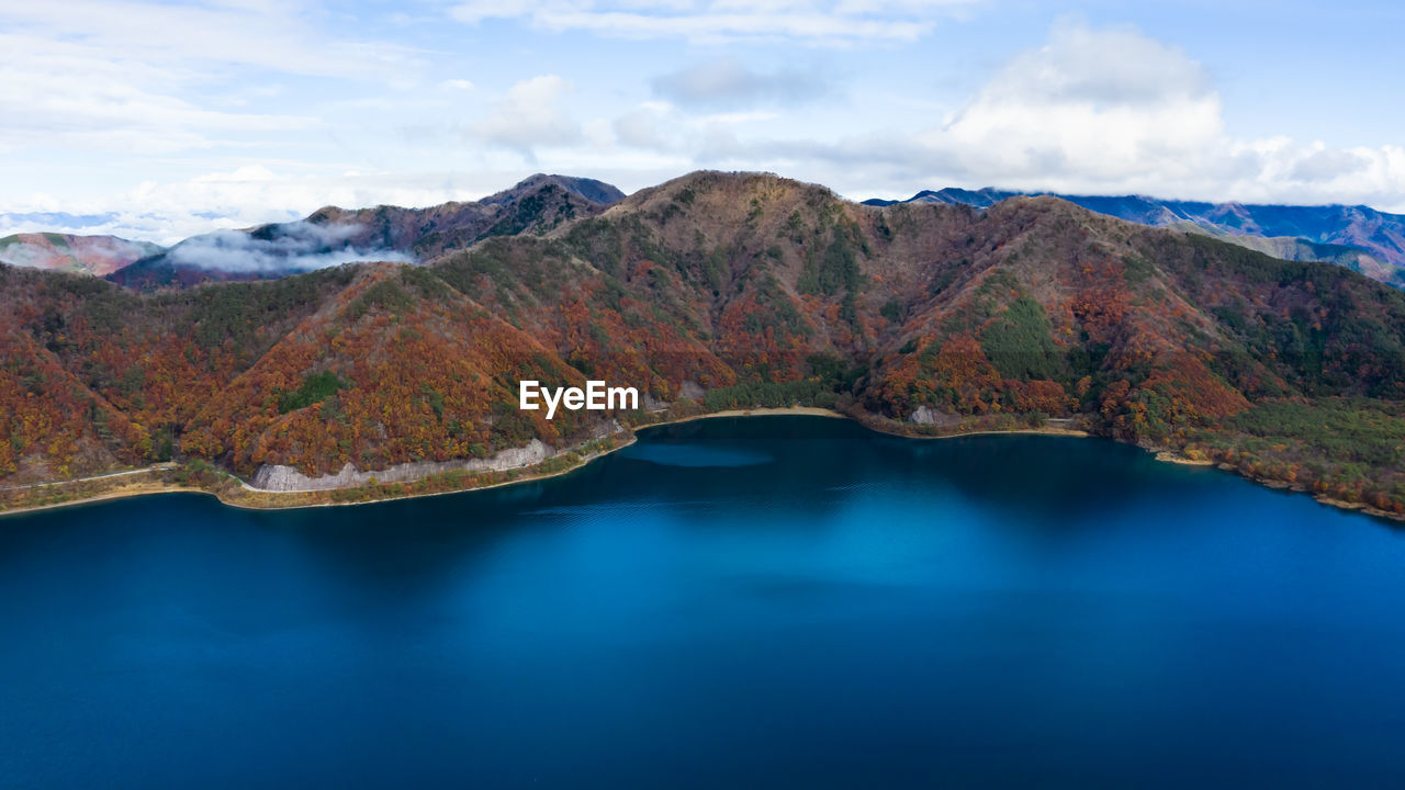 Nature landscape aerial view lake shojiko and mountain at autumn in japan