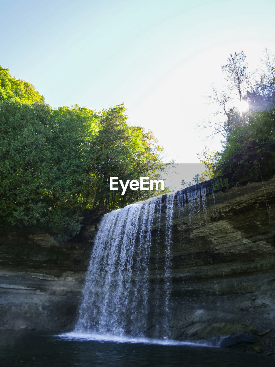 Bridal veil falls on manitoulin island from a low angle.