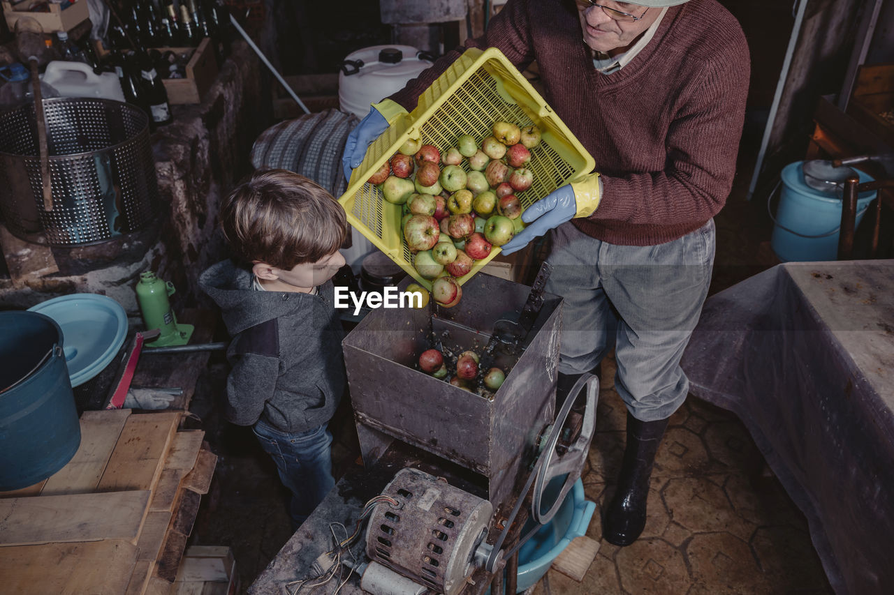 Little boy watching senior man turning basket of apples into a crusher