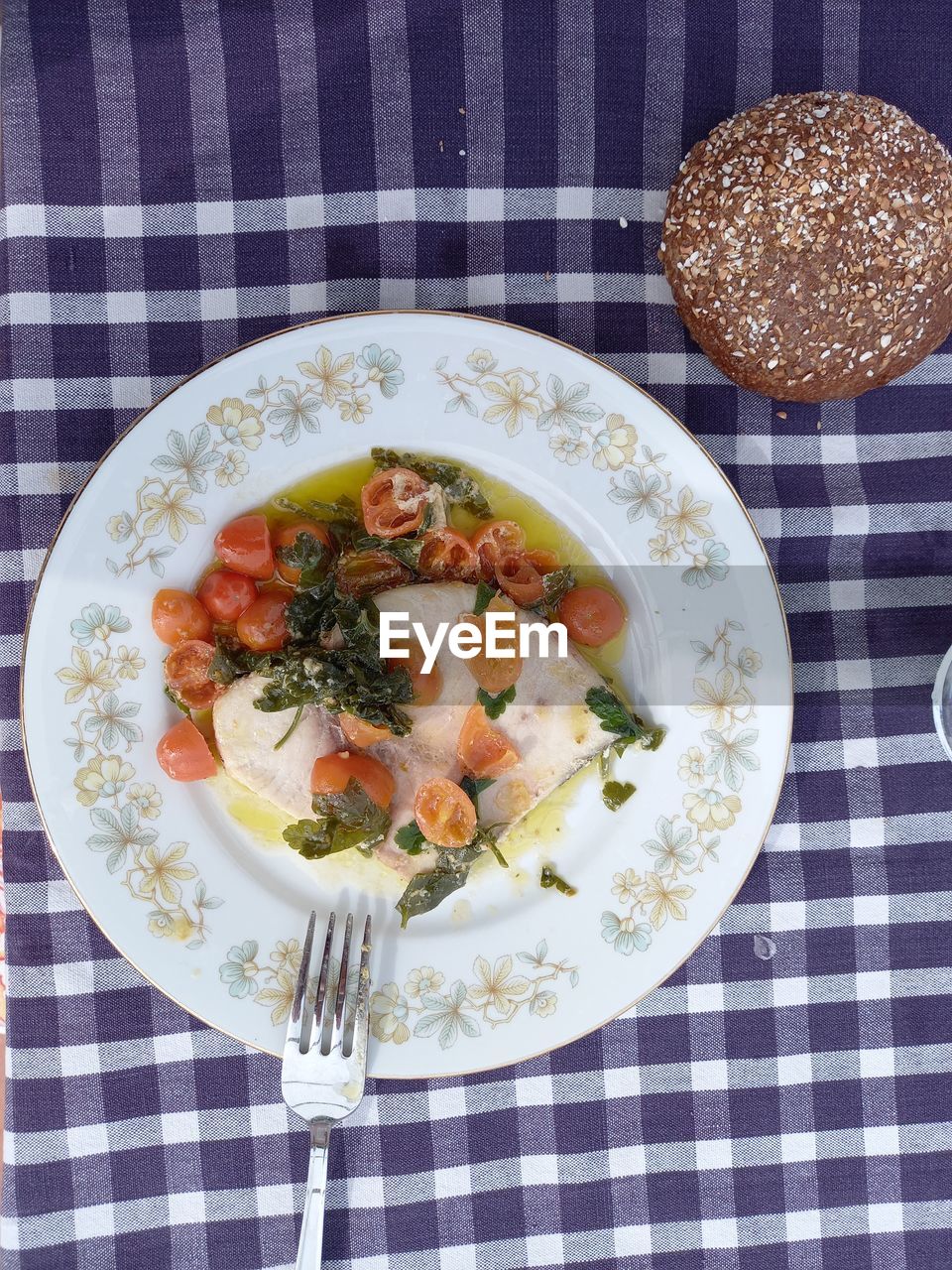 high angle view of food served in plate on table